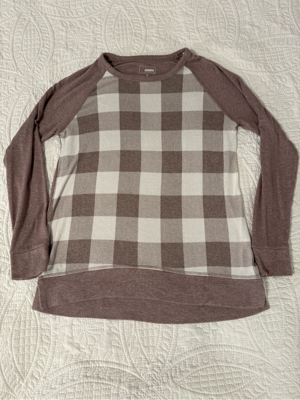 Sonoma Taupe and Cream Buffalo Check Crewneck Sweater